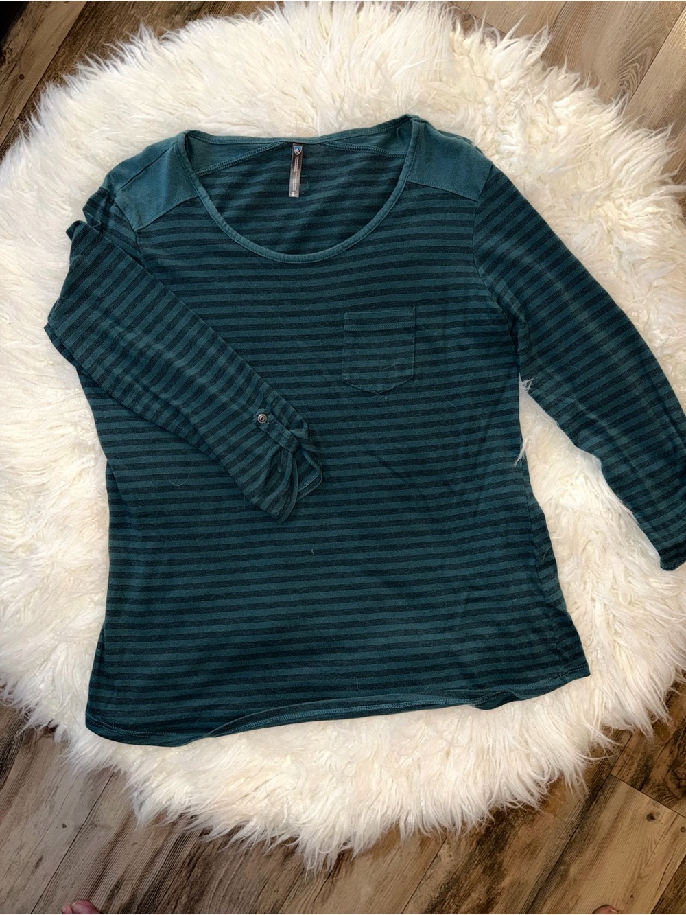 KUHL // Striped Scoop Neck 3/4 Sleeve Top - Dark Green // Size L